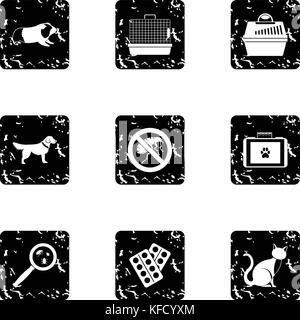 Veterinary animals icons set, grunge style Stock Vector