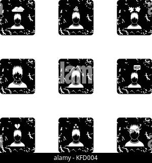Emotional feelings icons set, grunge style Stock Vector