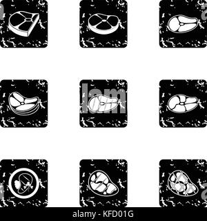 Steak icons set, grunge style Stock Vector