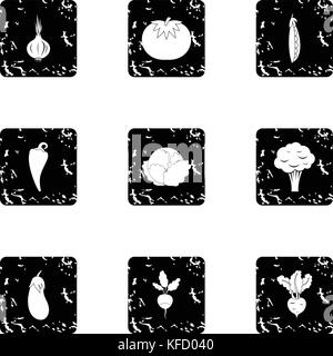 Vegetables icons set, grunge style Stock Vector