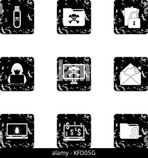 Hacking icons set, grunge style Stock Vector