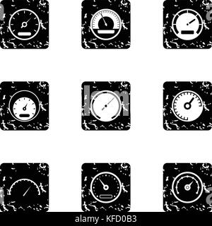 Types of speedometers icons set, grunge style Stock Vector
