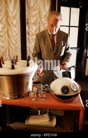 USA, California, Healdsburg, wine and caviar being served inside of Cyrus Restaurant in Alexander Valley Stock Photo