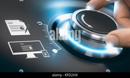 Hand turning a digitization knob to complete the process of digital tansformation of information. Concept of digitalization of analog data over black  Stock Photo