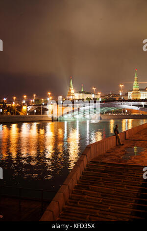 RUSSIA, Moscow. A view of Mosow River at night. Stock Photo