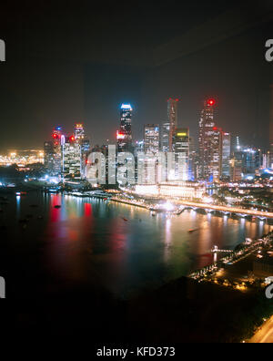 SINGAPORE, high angle view of downtime at night from a room at the Ritz Carlton Hotel. Stock Photo