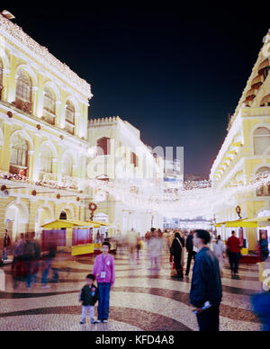 CHINA, Macau, Asia, The famous swirling black and white pavements of illuminated Largo do Senado square in central Macau Stock Photo