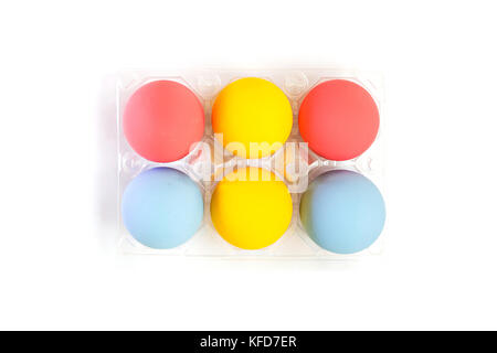 Top view of colorful eggs in plastic box Stock Photo