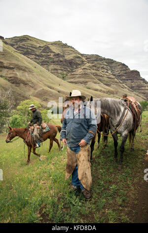 USA, Oregon, Joseph, Cowboys Todd Nash and Cody Ross prepare for a cattle drive up Big Sheep Creek Stock Photo