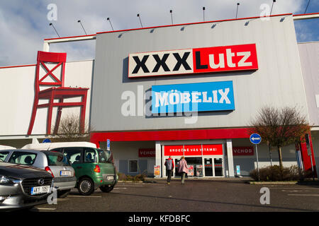 PRAGUE, CZECH REPUBLIC - OCTOBER 27: XXXLutz Mobelix corporation logo on supermarket building on October 27, 2017 in Prague. Stock Photo