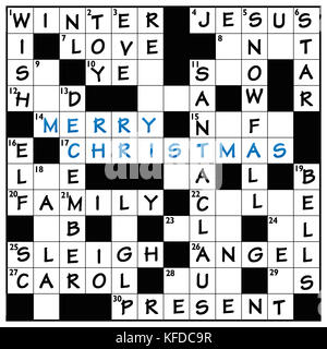 Christmas crossword cloud puzzle with typical words like winter, sleigh, angel, snowfall, Santa Claus and MERRY CHRISTMAS in the middle. Stock Photo