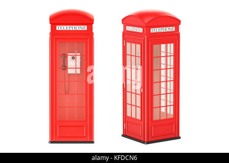Red telephone boxes, front and side view, 3D rendering isolated on white background Stock Photo