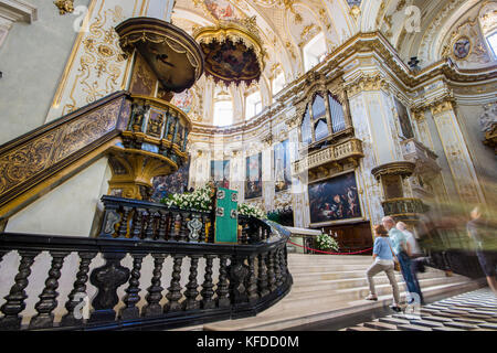 Inside Bergamo Cathedral (Duomo di Bergamo, Cattedrale di Sant'Alessandro). It has a Latin cross ground plan with a single nave and a Baroque decorati Stock Photo