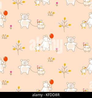 Cute bear and duck friends seamless vector pattern. Stock Vector
