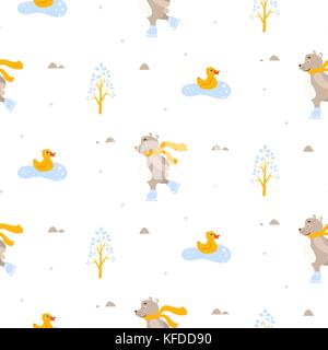 Cute bear and duck ice-skating on pond seamless vector pattern. Stock Vector