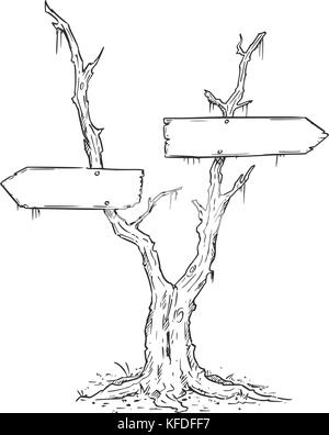 Vector drawing of dead swamp tree with decision arrow signs. Stock Vector