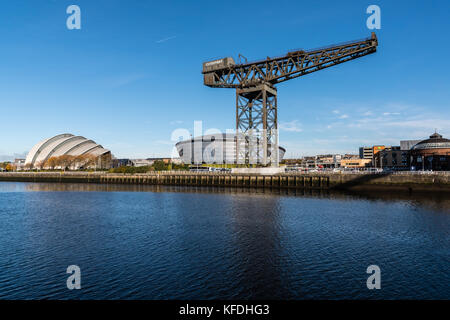 A View Across The River Clyde Of The SSE Hydro, Clyde Auditorium, Finnieston Crane and La Rotunda - Glasgow Stock Photo