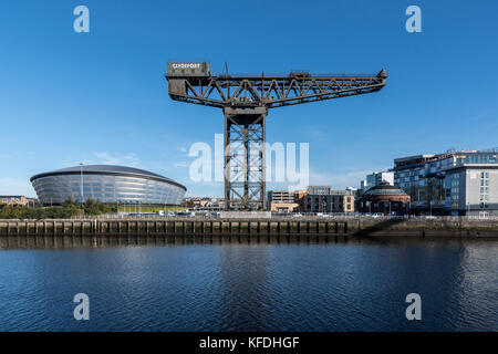 A View Across The River Clyde Of The SSE Hydro, Clyde Auditorium, Finnieston Crane and Hilton Garden Inn - Glasgow Stock Photo