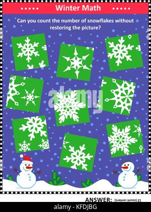 IQ training visual puzzle (suitable both for kids and adults): Can you count the snowflakes without assembling the picture puzzle? Answer included. Stock Vector