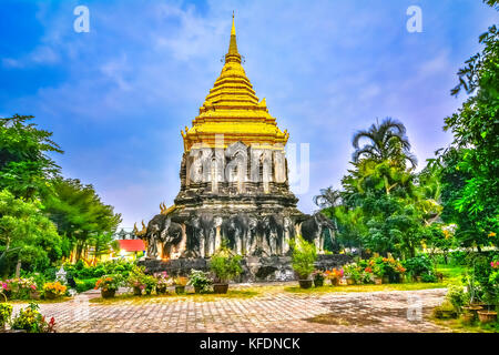 Chedi Chang Lom and Viharn, Wat Chiang Man, Chiang Mai, Thailand,Asia Stock Photo