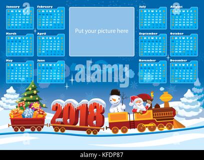 New Calendar 2018 and Santa Claus in a toy train with gifts, snowman and Christmas tree. Stock Vector