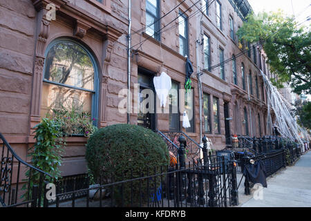 HOBOKEN, NEW JERSEY - October 27, 2017: The beautiful brownstones along Garden Street are decorated for Halloween Stock Photo