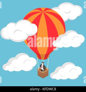 Flat 3d isometric businessman standing on hot air balloon in sky. Stock Vector