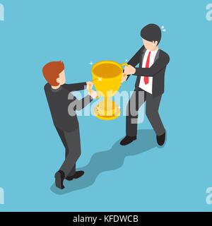 Flat 3d isometric two businessmen fighting for winner trophy. Business competition concept. Stock Vector