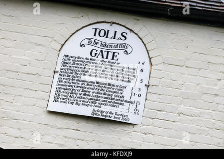 Old Little Malvern toll house, a board showing list of tolls at the Avoncroft Museum of Buildings, Stoke Heath, Bromsgrove, Worcestershire, England Stock Photo