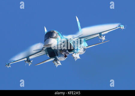 Zhukovsky, Moscow Region, Russia - August 30, 2015: Sukhoi Su-34 38 RED of russian air force perfoming demonstration flight in Zhukovsky during MAKS-2 Stock Photo