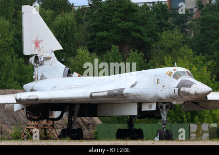 Zhukovsky, Moscow Region, Russia - August 26, 2015: Tupolev Tu-160 prototype standing in Zhukovsky during MAKS-2015 airshow. Stock Photo