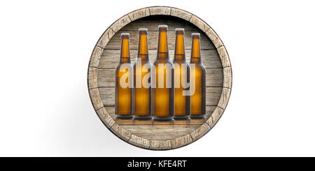 Beer bottles and a beer barrel isolated on white background. 3d illustration Stock Photo