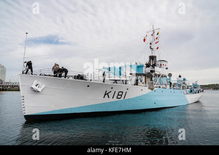 World's last remaining Flower-class corvette HMCS SACKVILLE arrives on the waterfront for the 2017 summer season, Halifax, Nova Scotia, Canada. Stock Photo