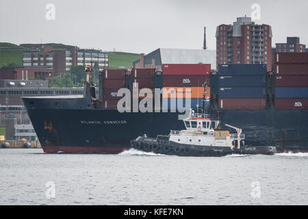 Atlantic Container Lines ship 'Atlantic Conveyor' departing Halifax Harbour, Nova Scotia, Canada. Stock Photo