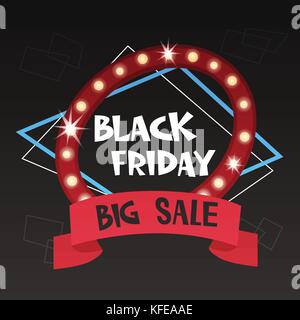 Black Friday Big Sale Neon Banner Holiday Discounts Retro Poster Background Stock Vector