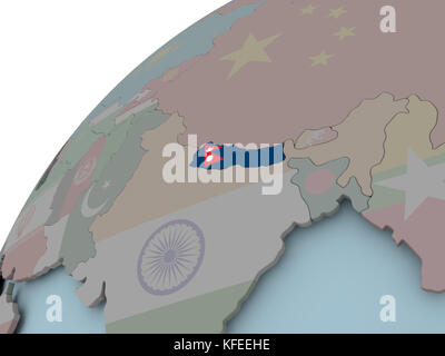 Nepal on political globe with embedded flags. 3D illustration. Stock Photo