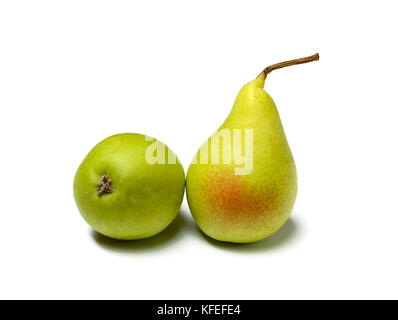 Two green pears on white background - closeup Stock Photo