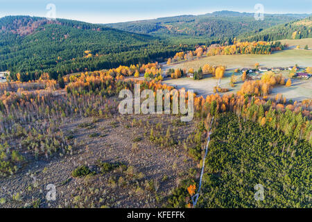 Aerial view on forest. Autumn in Sumava, Beautifully colored trees in autumn, aerial view of forest on southern Sumava near Chalupska moor. National P Stock Photo