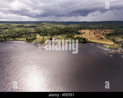 Ontario Canada contryside nature Aerial view looking down from above of a river flowing inside lake Stock Photo