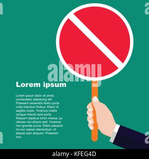 Businessmen holding red warning sign, Hand holding red a prohibition sign. Vector Flat Design Illustration. Stock Vector