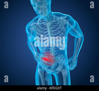 Man is feeling pain under her ribs. 3D illustration Stock Photo