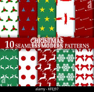 Christmas. 10 Seamless stylish modern patterns. Stock Vector