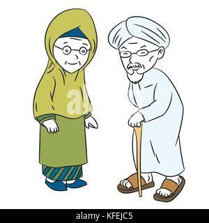 Illustration of Muslim Elderly Cartoon, older man and woman standing, isolated on white background -Cartoon Character Vector Stock Vector