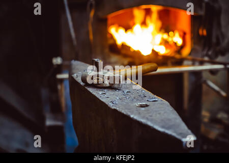 Hand anvil. hummers all blacksmith tools in forge. Stock Photo