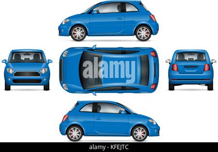 Blue mini car vector mock up for car branding, advertising and corporate identity. Isolated minicar set on white background. Stock Vector