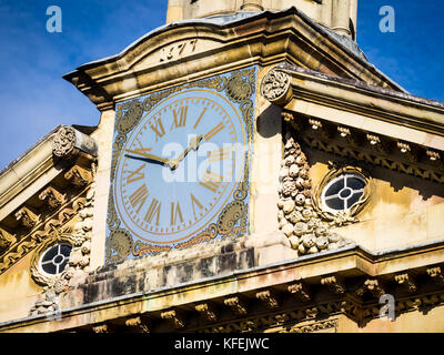 The Clocktower in the Front Court at Emmanuel College, part of the University of Cambridge, UK. The college was founded in 1584. Architect: Wren Stock Photo