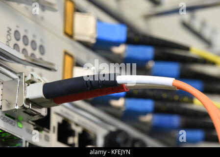 Optical Fibre Patch Cords Connected to Passive Line Unit, Information Technology in Internet of Things Devices Stock Photo