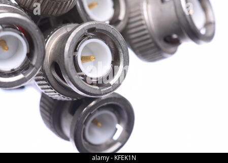 Closeup of bunch bnc connectors isolated on white background Stock Photo