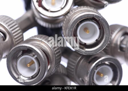Closeup of bunch bnc connectors isolated on white background Stock Photo