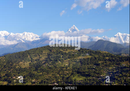 Machapuchare, a mountain in the Annapurna Range of the Himalayas, is regarded as sacred to the Hindu religion so climbing is strickly  forbidden. Stock Photo